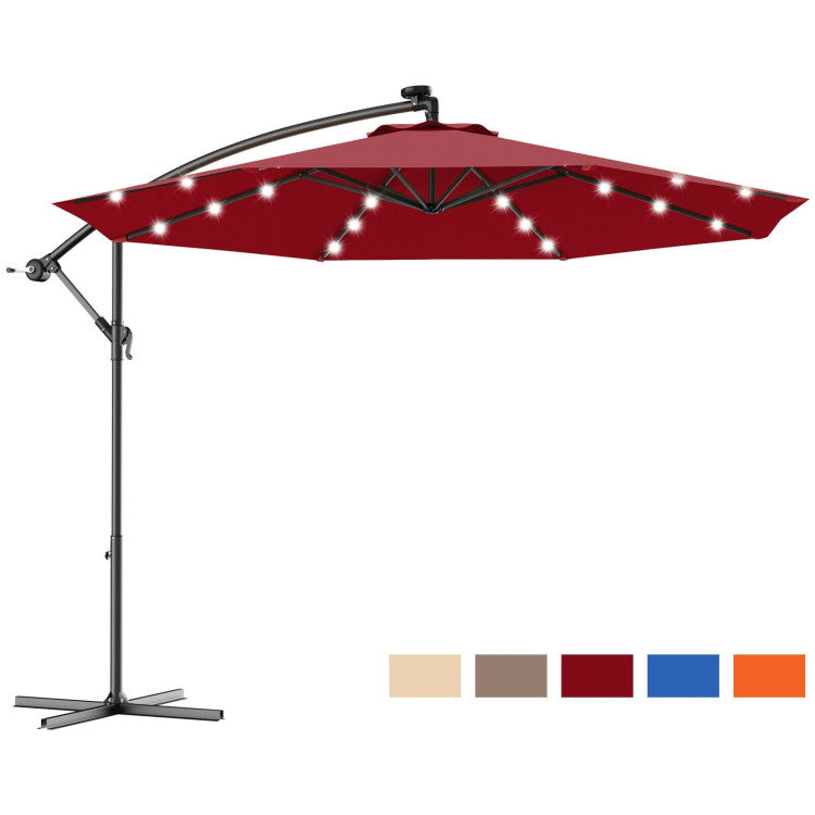 10 ft. Steel Cantilever Solar LED Outdoor Patio Umbrella with Cross Base in Red