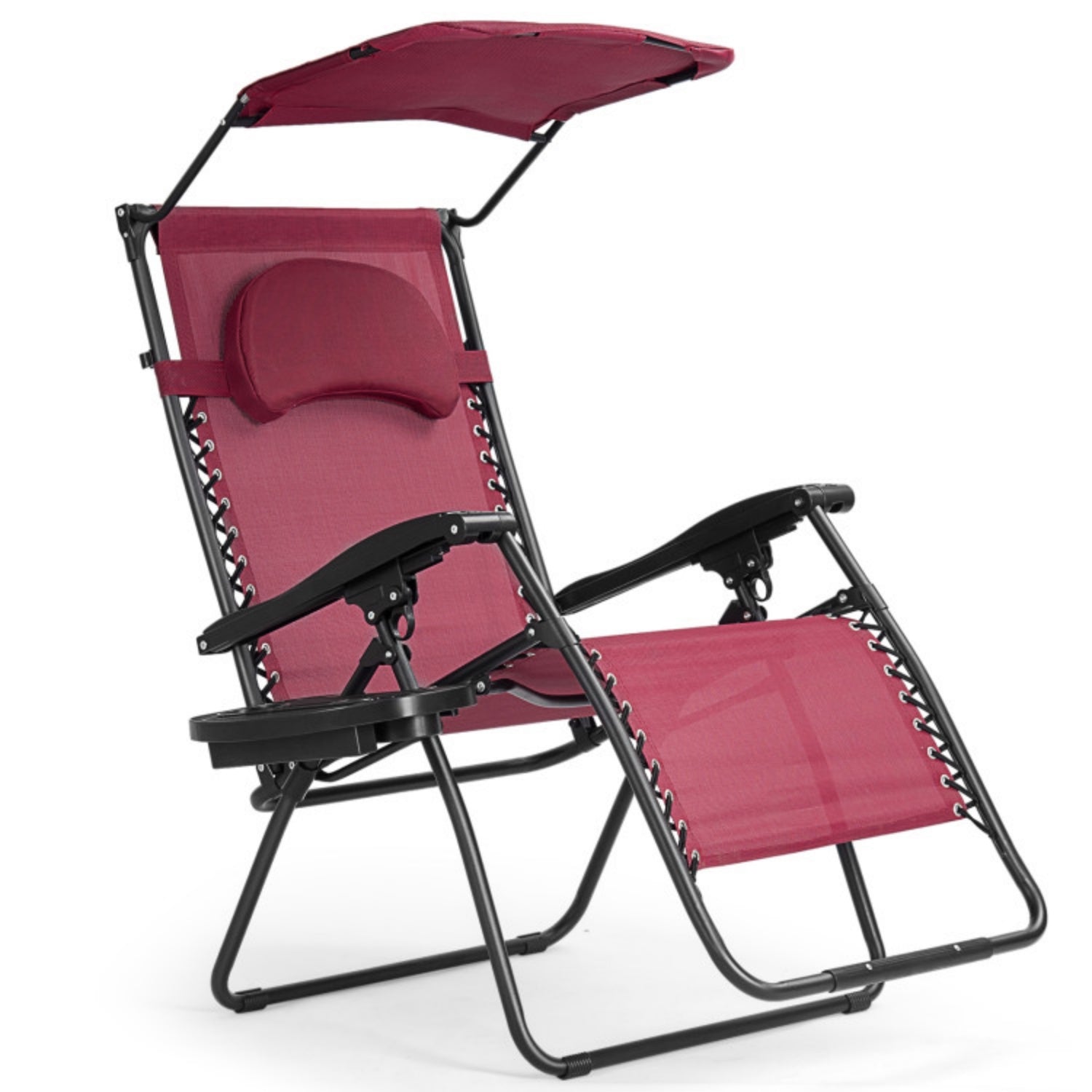 SUGIFT Folding Recliner Lounge Chair with Shade Canopy Cup Holder, Dark Red