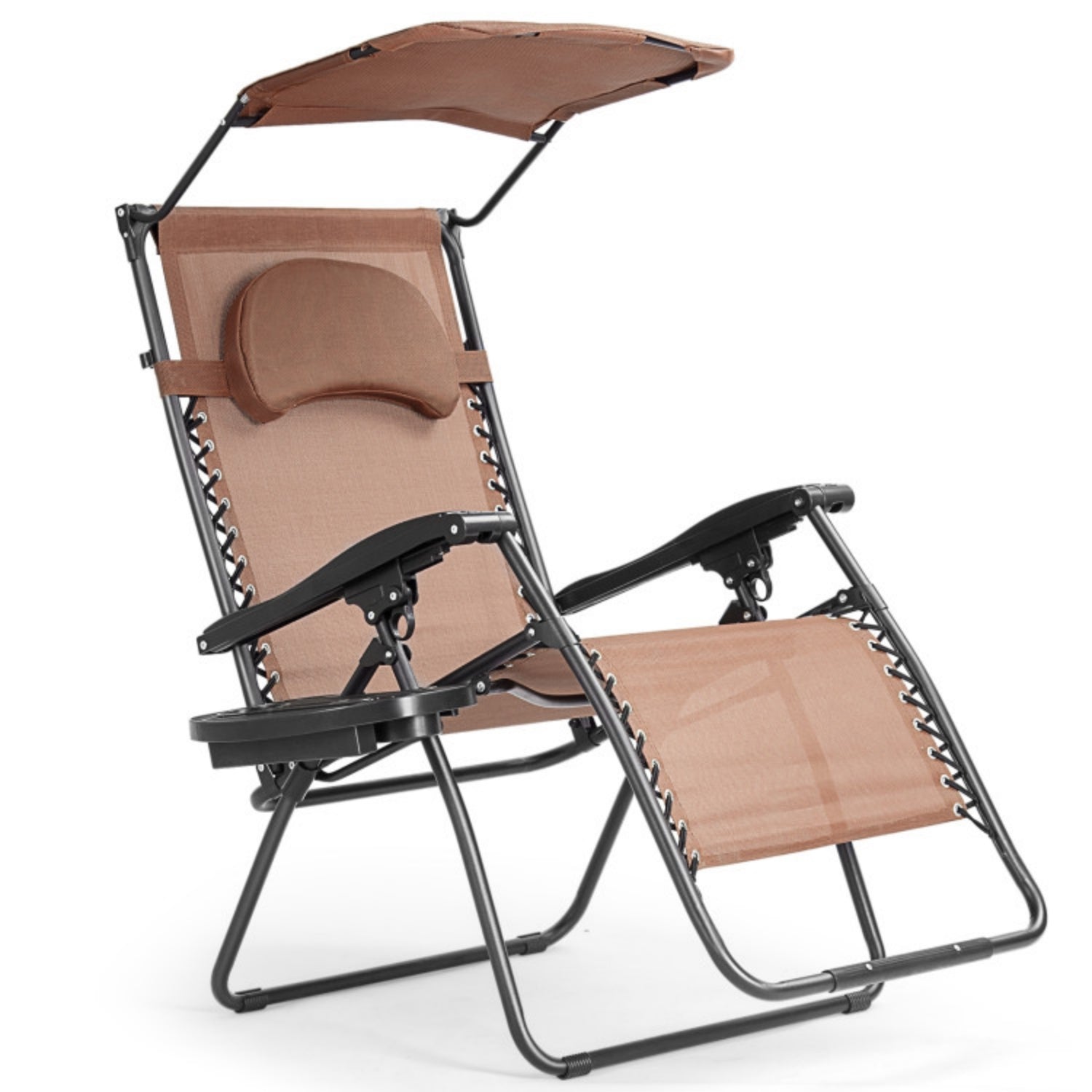 SUGIFT Folding Recliner Lounge Chair with Shade Canopy Cup Holder, Brown