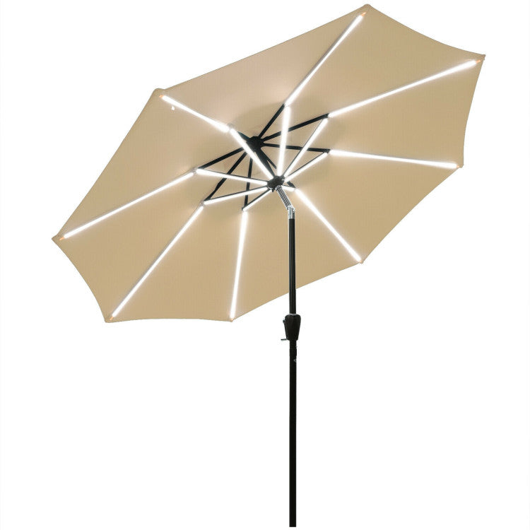 9 ft. Aluminum Market Solar Tilt Patio Umbrella with Crank and 16 Strip Lights in Beige