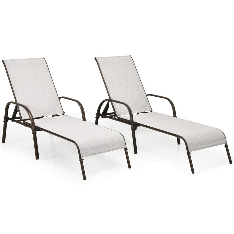 2-Piece Metal Adjustable Outdoor Chaise Lounges Chairs with Adjustable Reclining Armrest in Light Gray