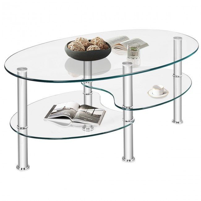 SUGIFT Tempered Glass Oval Side Coffee Table,Transparent