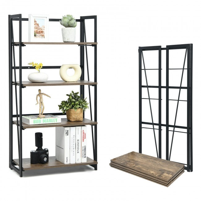 SUGIFT 4-Tier Folding Bookshelf No-Assembly Industrial Bookcase Display Shelves
