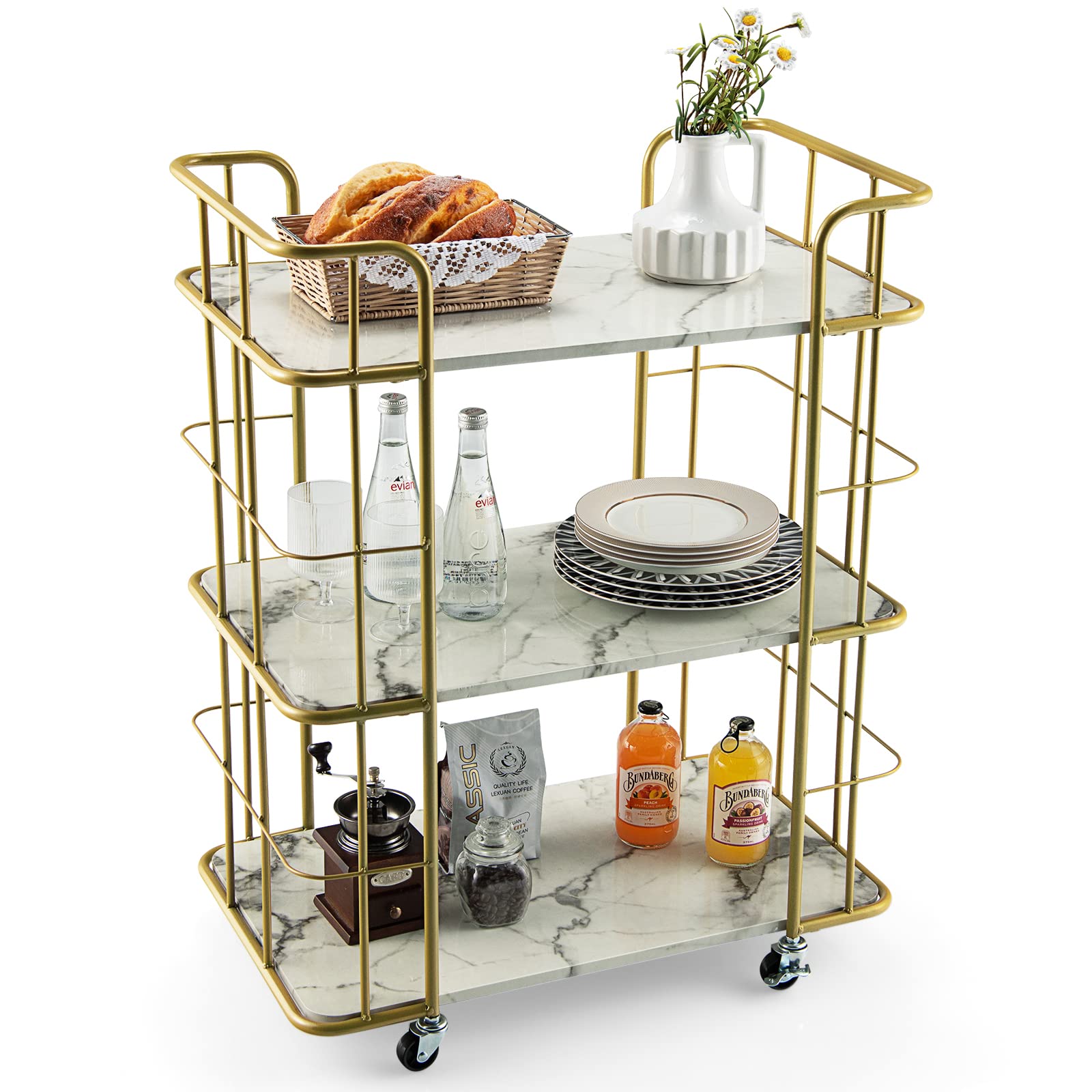 Gold Metal Frame Rolling Glass Kitchen Cart with 3-Shelves