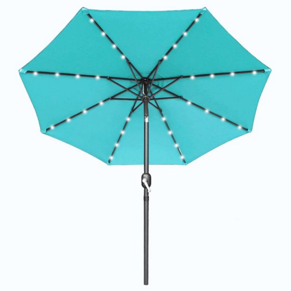 10 ft. Metal Market Solar Tilt Patio Umbrella with Crank and LED Lights in Turquoise