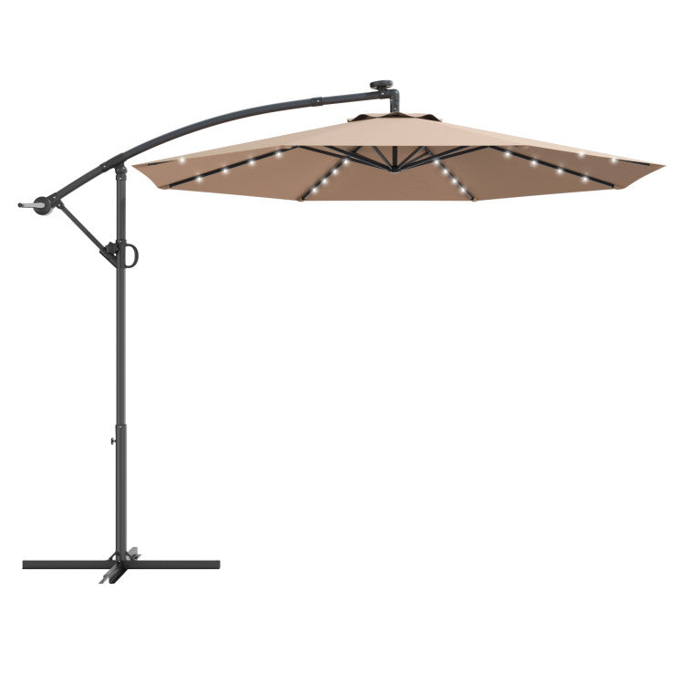 10 ft. 360-Degrees Rotation Aluminum Tilt Cantilever Patio Umbrella with LED Lights and Cross Base in Beige