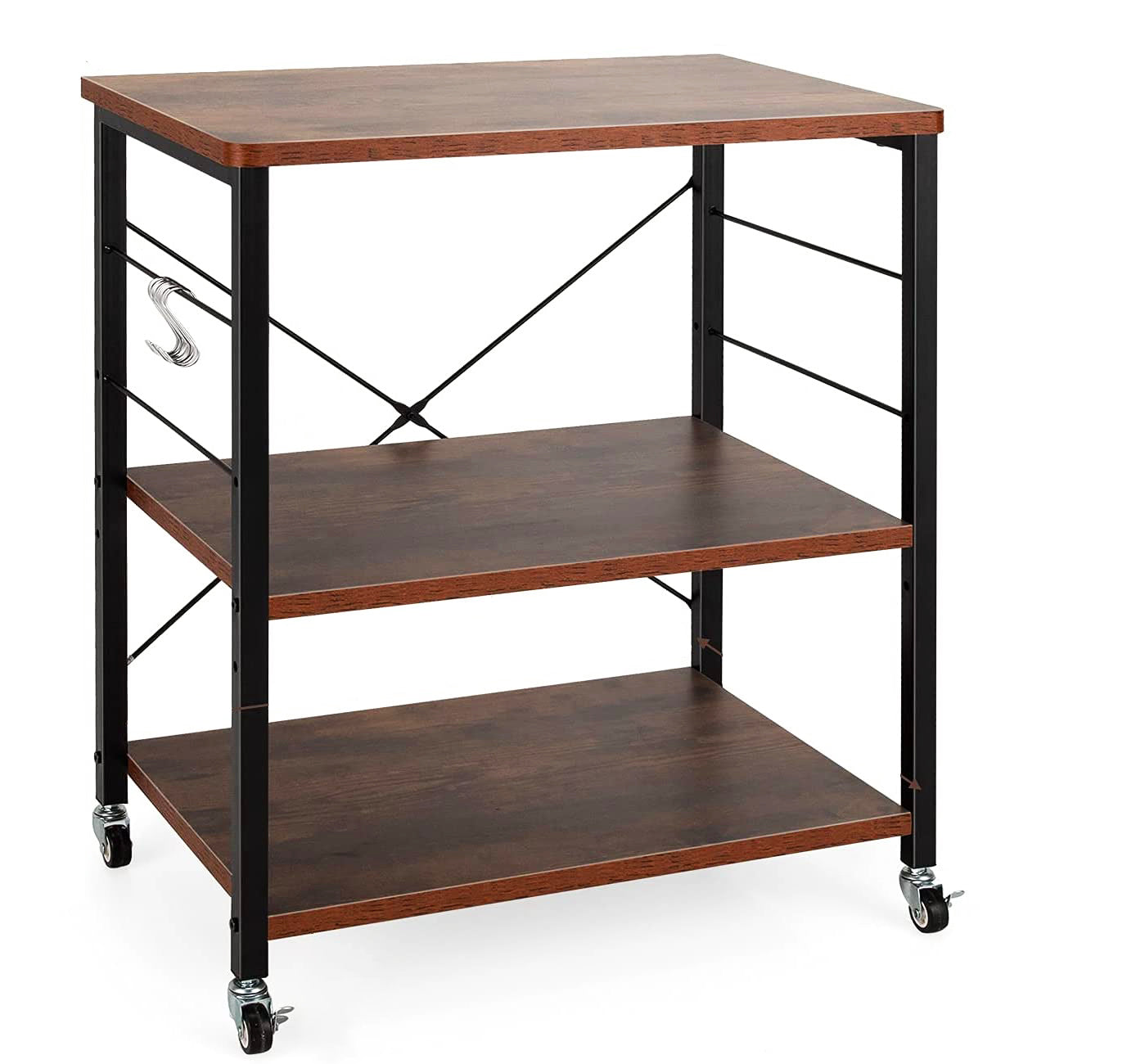 3-Tier Brown Wood Kitchen Cart with 10-Hooks