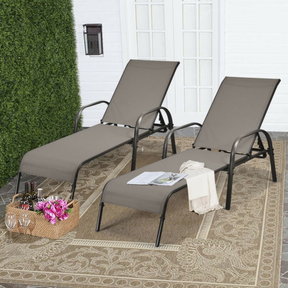 2-Piece Brown Metal Outdoor Adjustable Chaise Lounge with Armrest