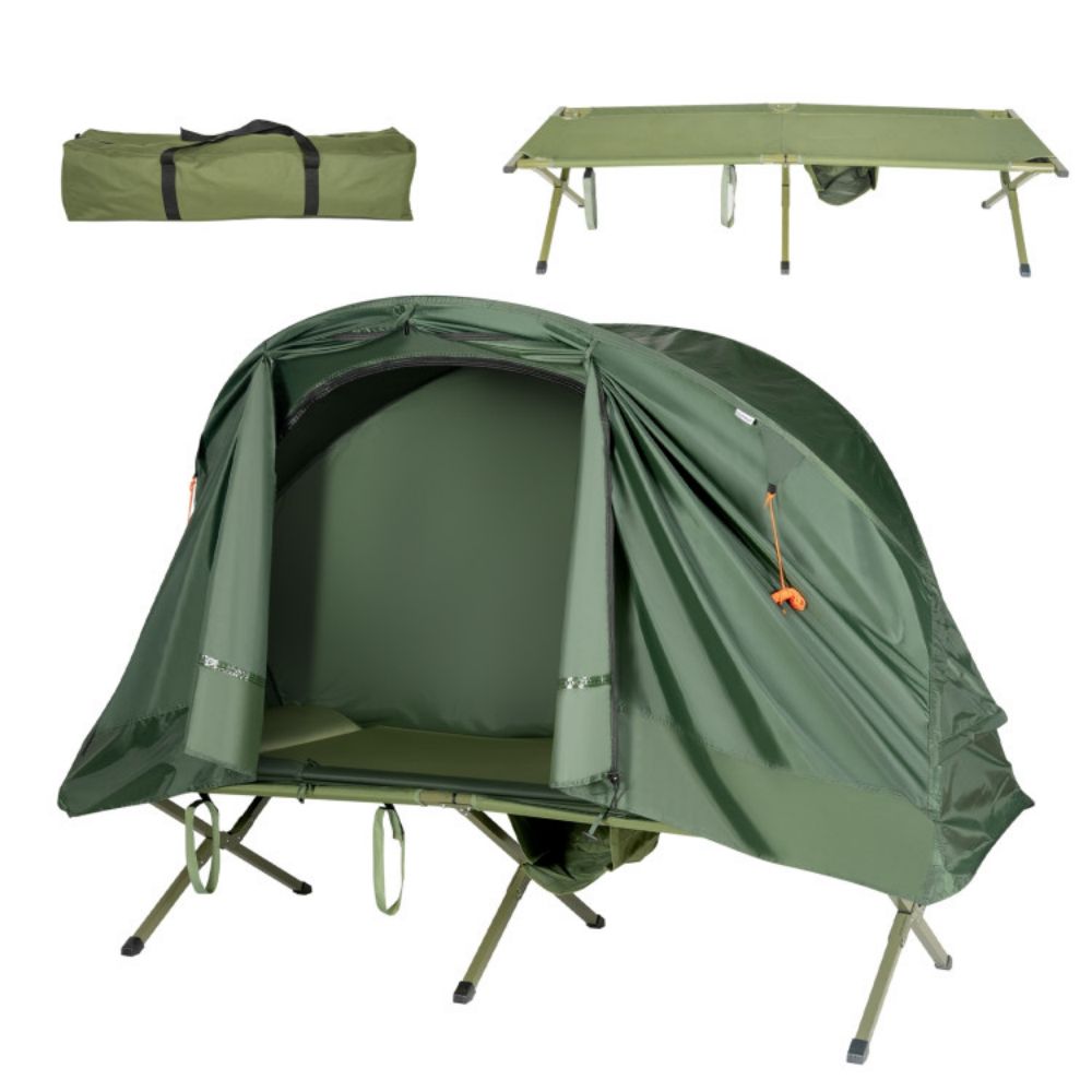 1-Person Green Outdoor Folding Camping Tent Cot Elevated Compact Tent with External Cover