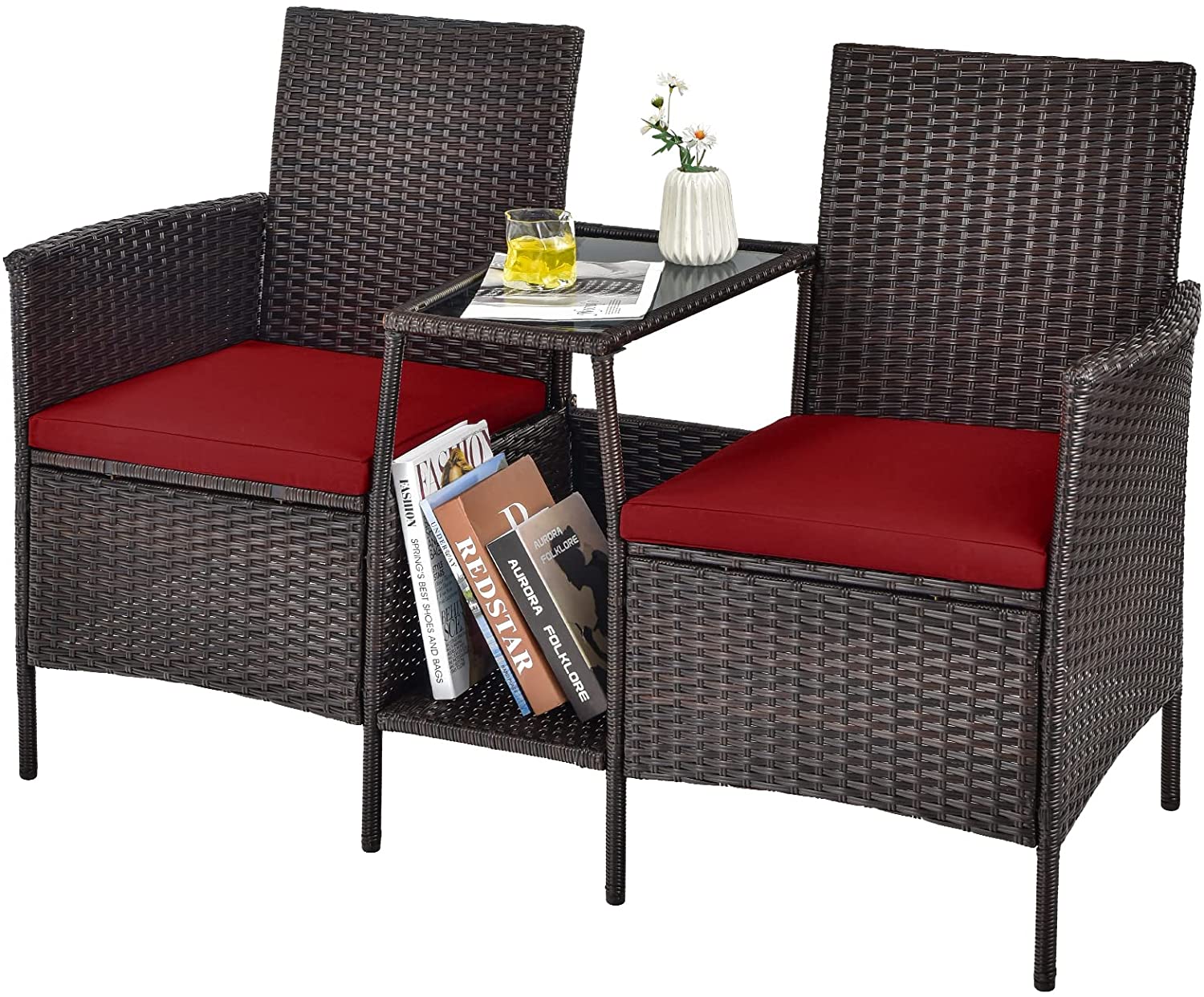 1-Piece Rattan Wicker Patio Conversation Loveseat Set with Red Cushions and Glass Table