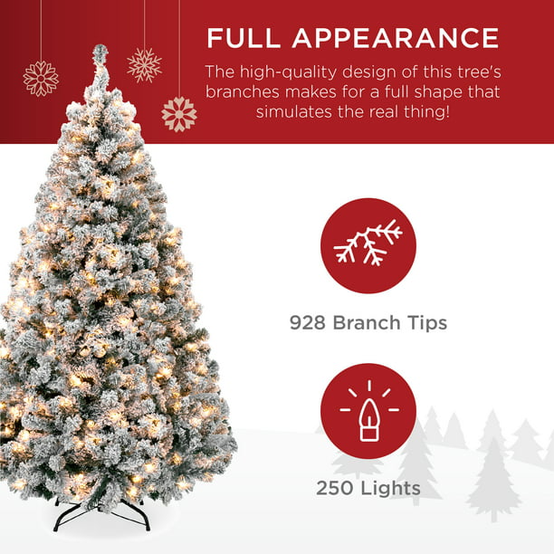 SUGIFT 7ft Pre-Lit Holiday Christmas Pine Tree Snow Flocked Branches, 250 Warm White Lights