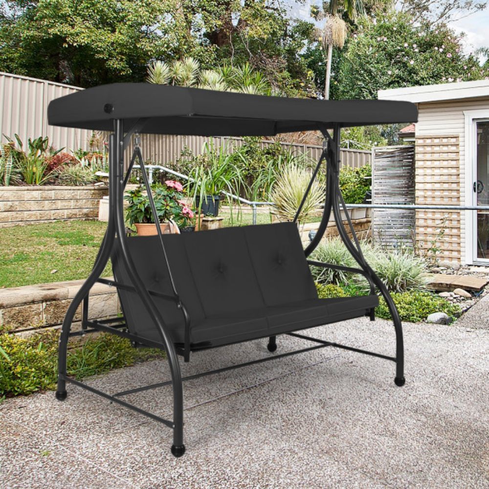 3-Person Black Metal Patio Swing with Black Cushion