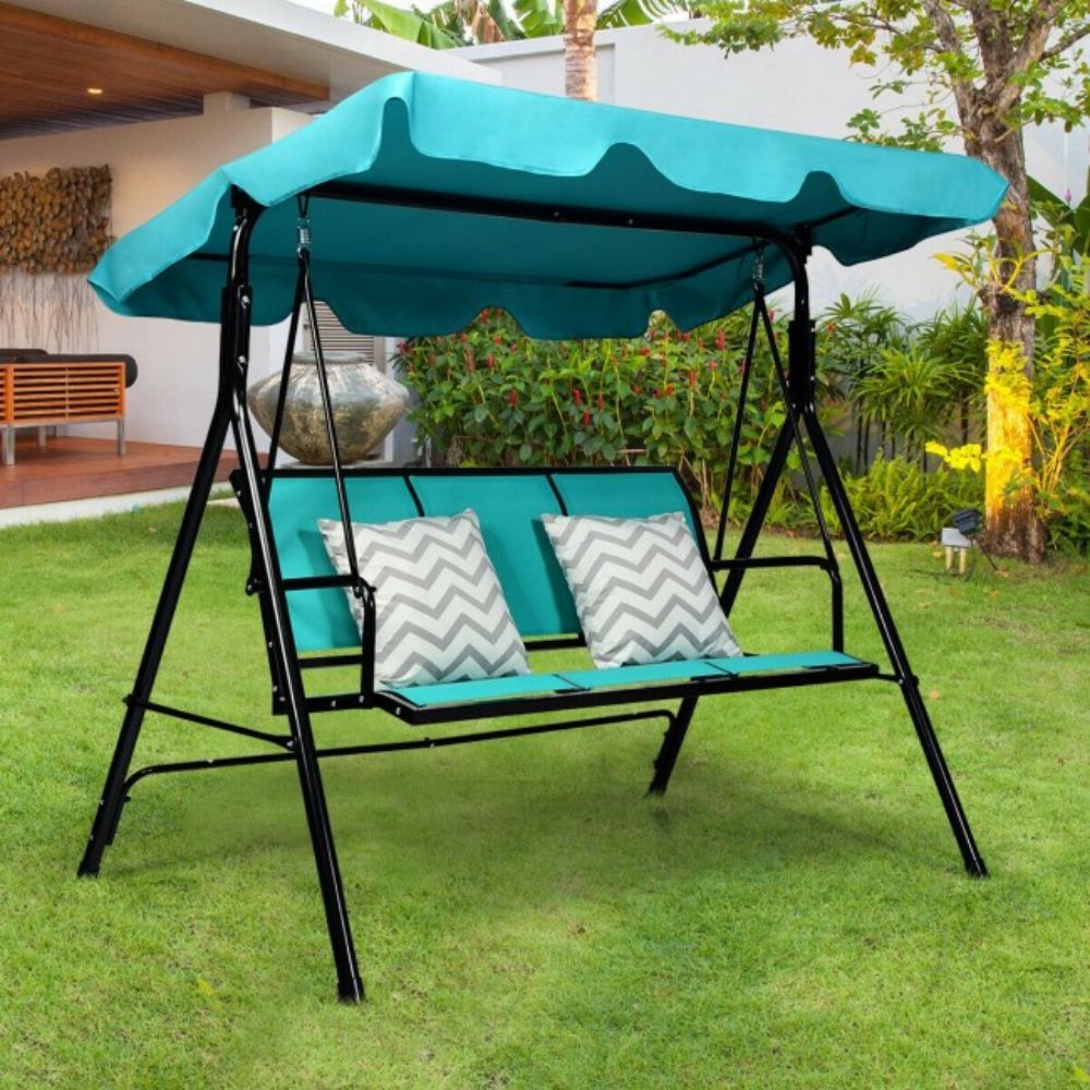 3-Person Blue Metal Patio Swing Canopy