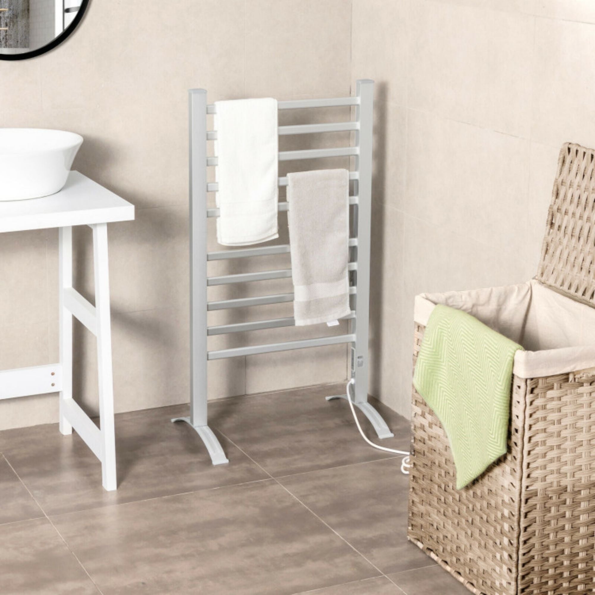 2 in. 1 Freestanding and Wall-mounted Towel Warmer Drying Rack with Timer in Silver