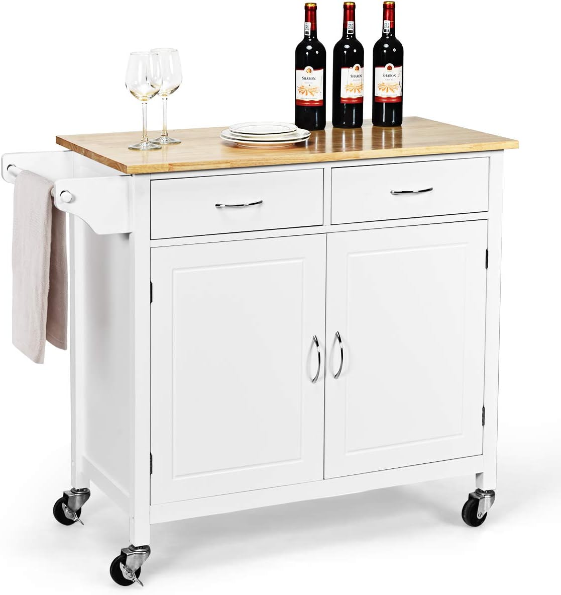 White Rolling Kitchen Cart with Towel Rack and Wood Table Top