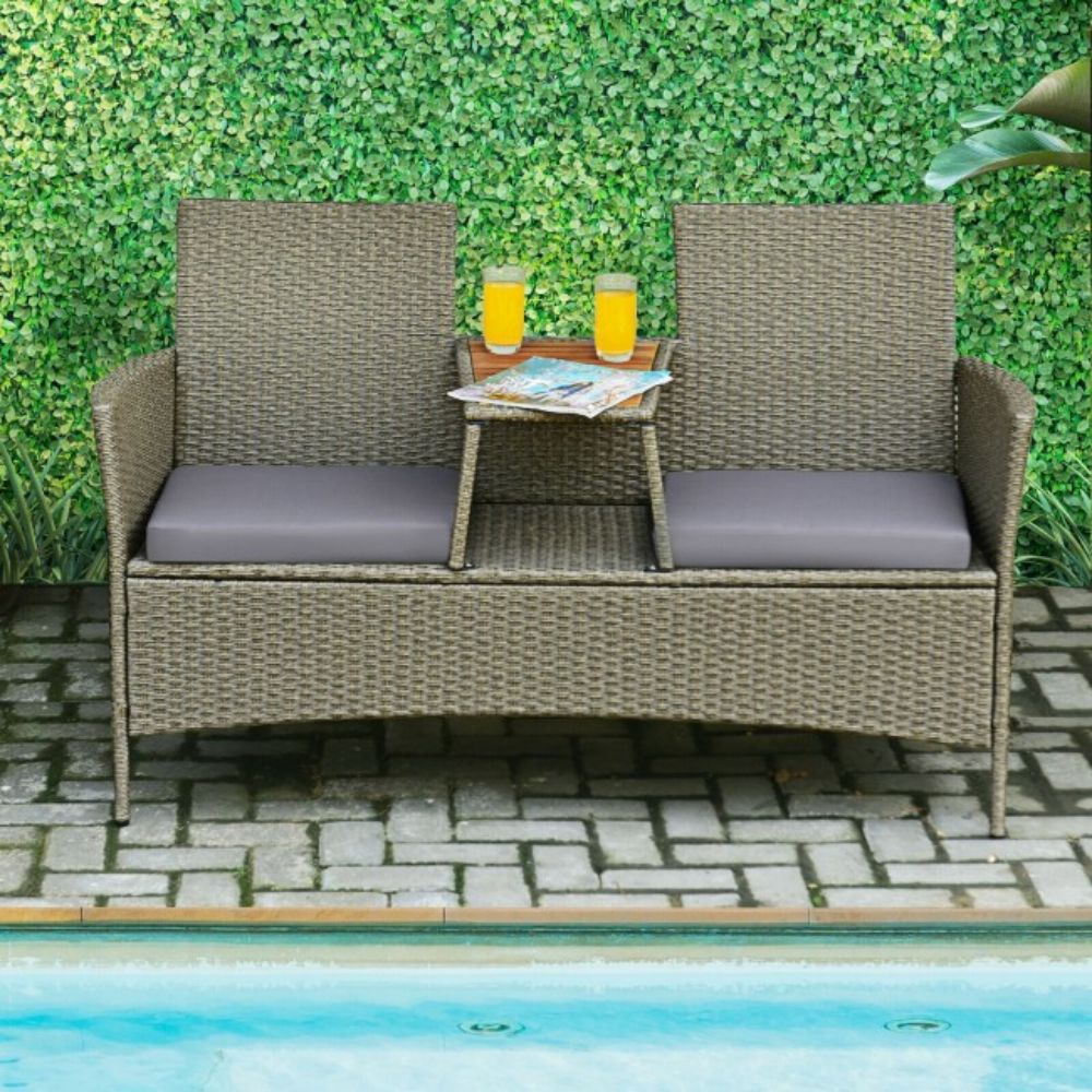 1-Piece Patio Rattan Wicker Conversation Furniture Set with Coffee Table and Purple Cushions