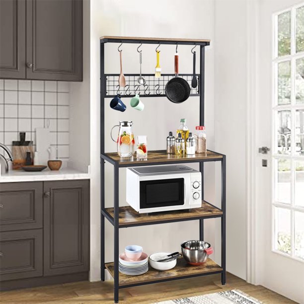 SUGIFT Wooden Kitchen Bakers Rack with 4 Storage Shelves 10 Hooks Rustic Brown