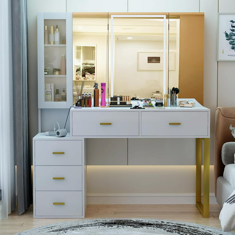 Vanity Desk with Mirror and Lights Makeup Vanity with Charging Station