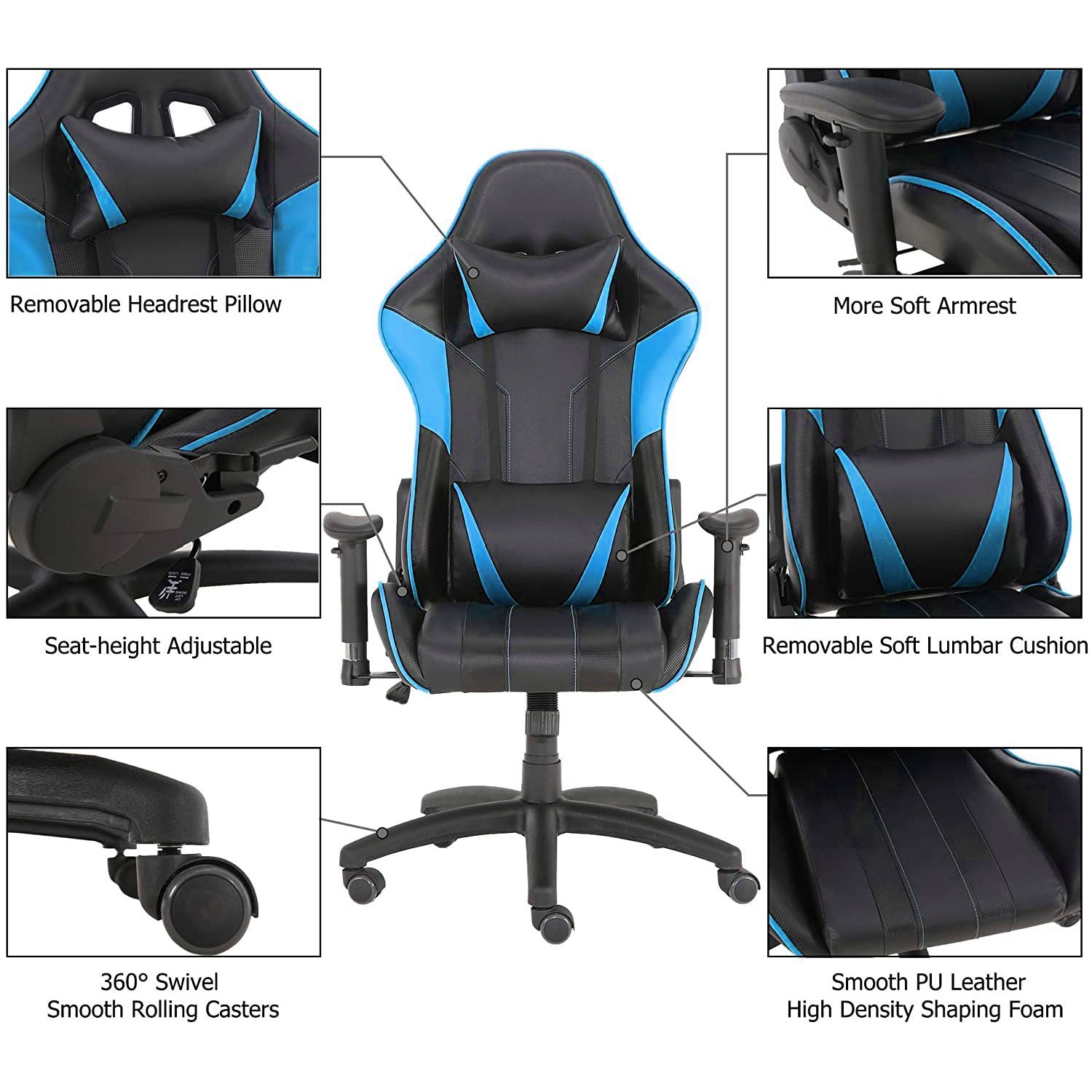 SUGIFT Gaming Chairs, Office Swivel Chairs, with headrest and Lumbar Pillow, Blue