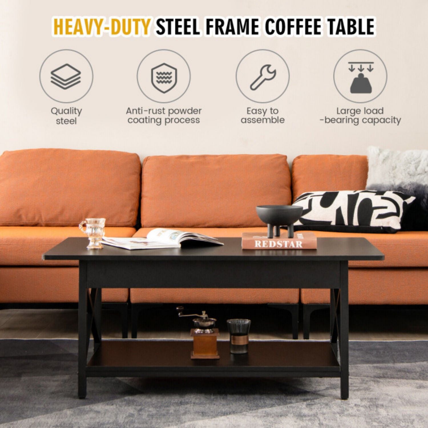 SUGIFT 2-Tier Industrial Rectangular Coffee Table with Storage Shelf-Black