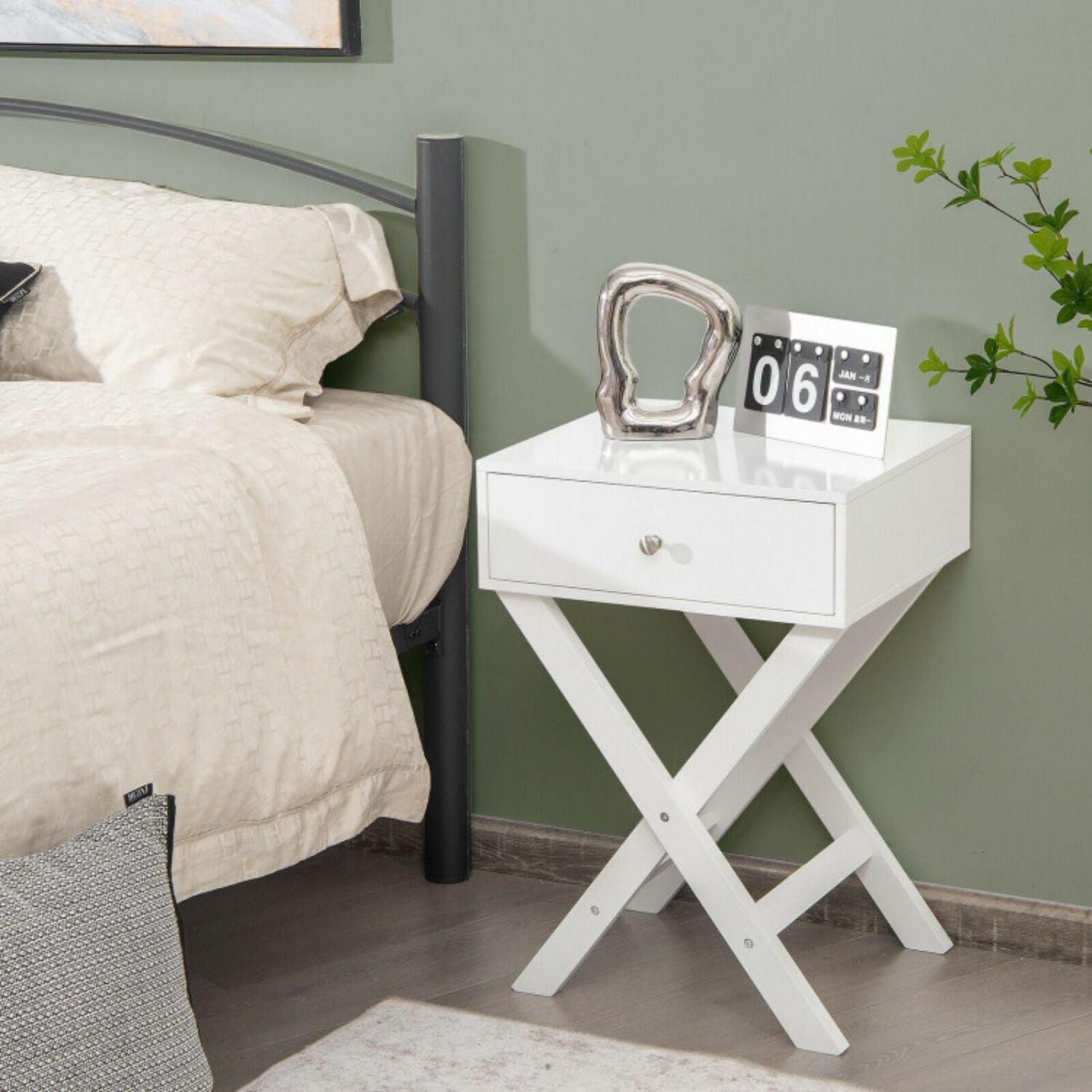 SUGIFT Modern X-Shaped Nightstand with Drawer for Living Room Bedroom-White