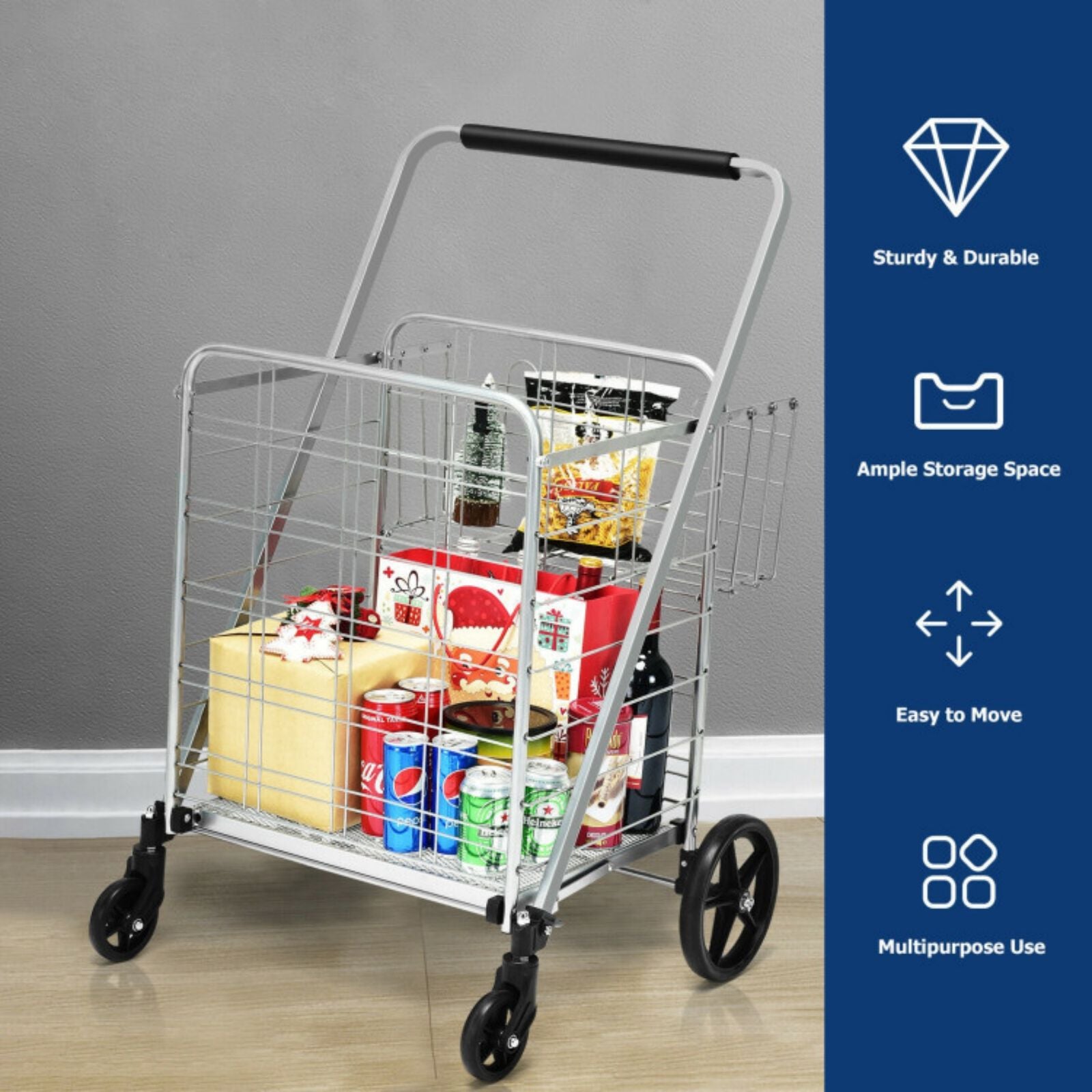 SUGIFT Heavy Duty Folding Utility Shopping Double Cart-Silver