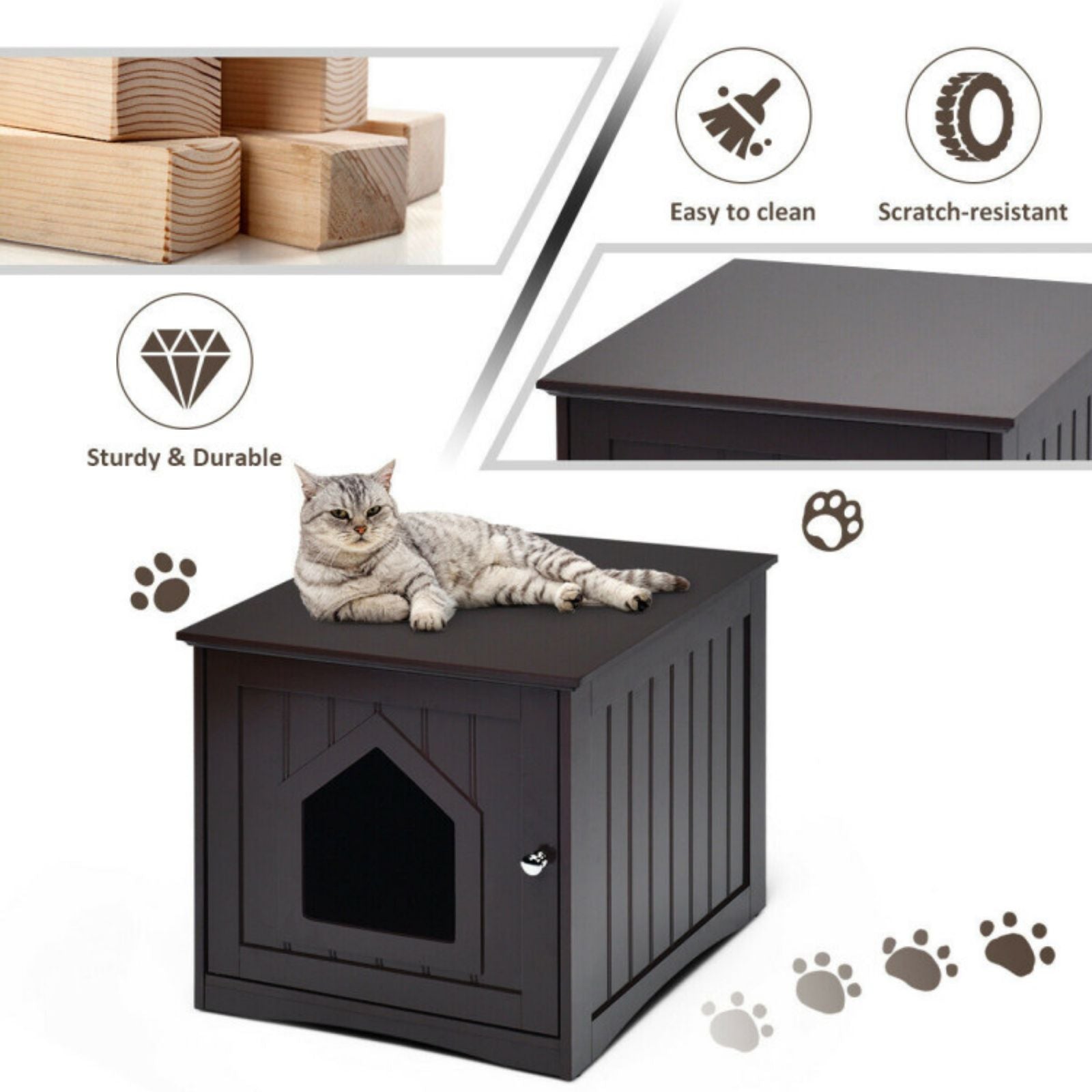 SUGIFT Sidetable Nightstand Weatherproof Multi-function Cat House-Brown