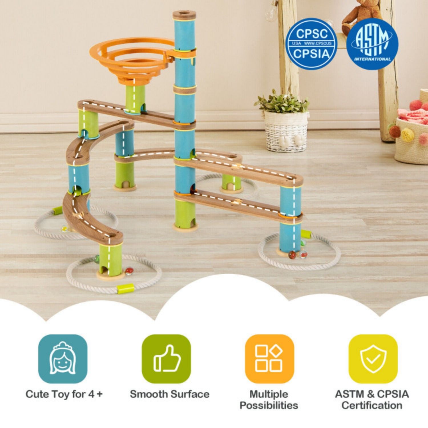 SUGIFT Bamboo Build Run Toy with Marbles for Kids Over 4