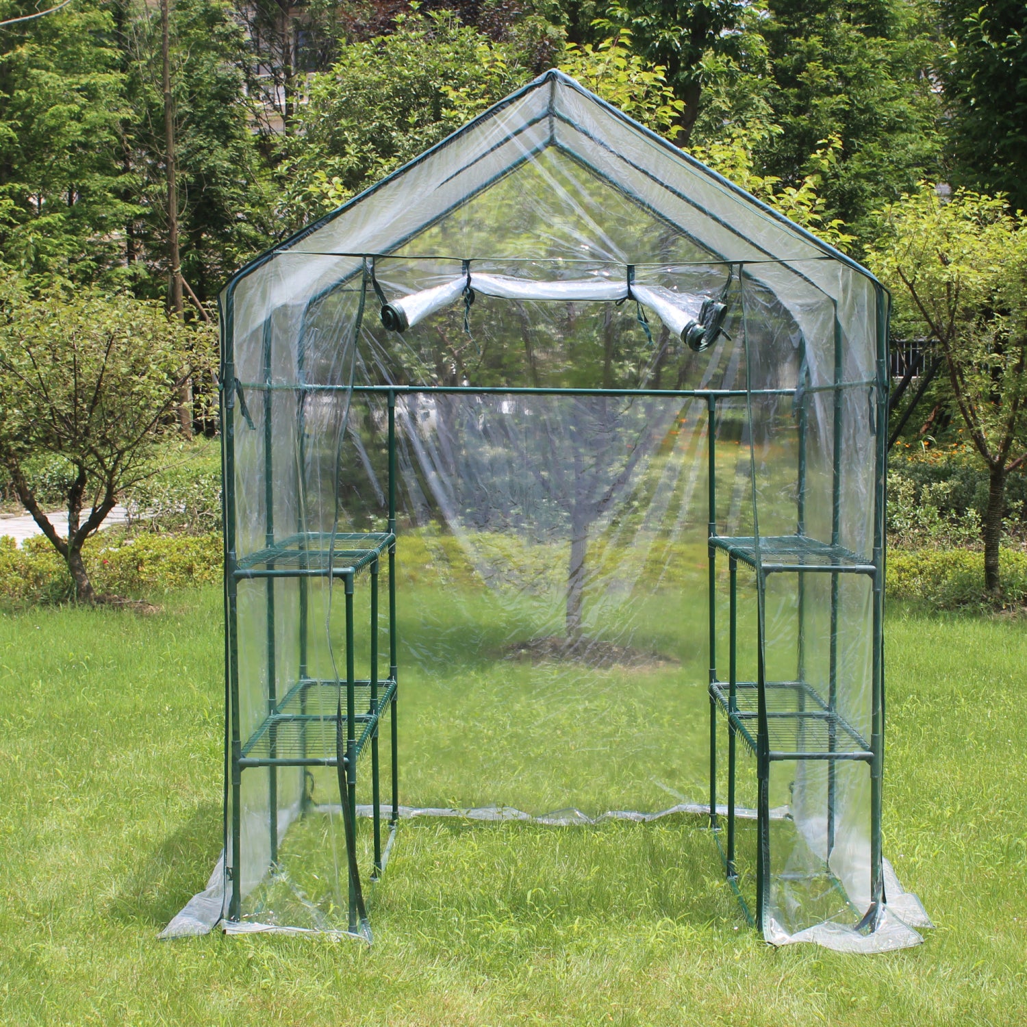 SUGIFT Greenhouse for Walk-in Plant Outdoors with Durable PE Cover, 2 Tiers 8 Shelves,56in W x 56in D x 76in H,Transparent