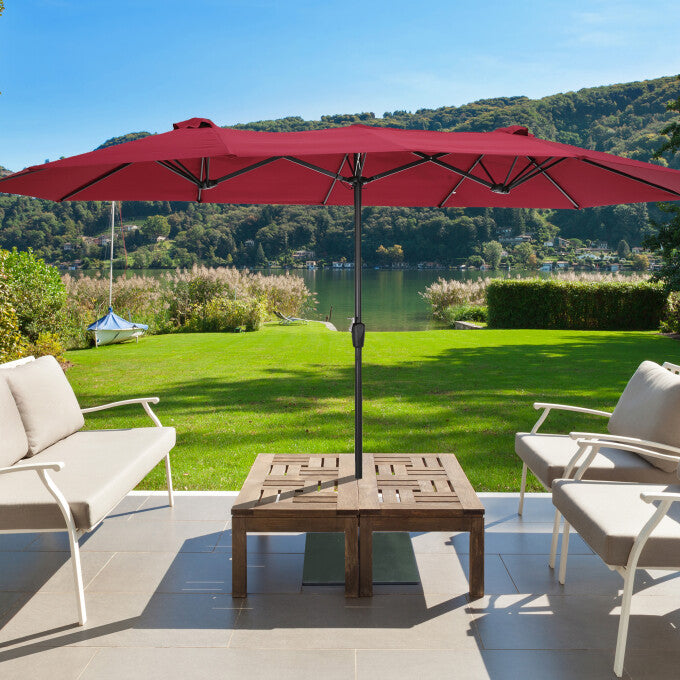 15 FT Double-Sided Rectangular Outdoor Patio Market Umbrella with Crank in Burgundy