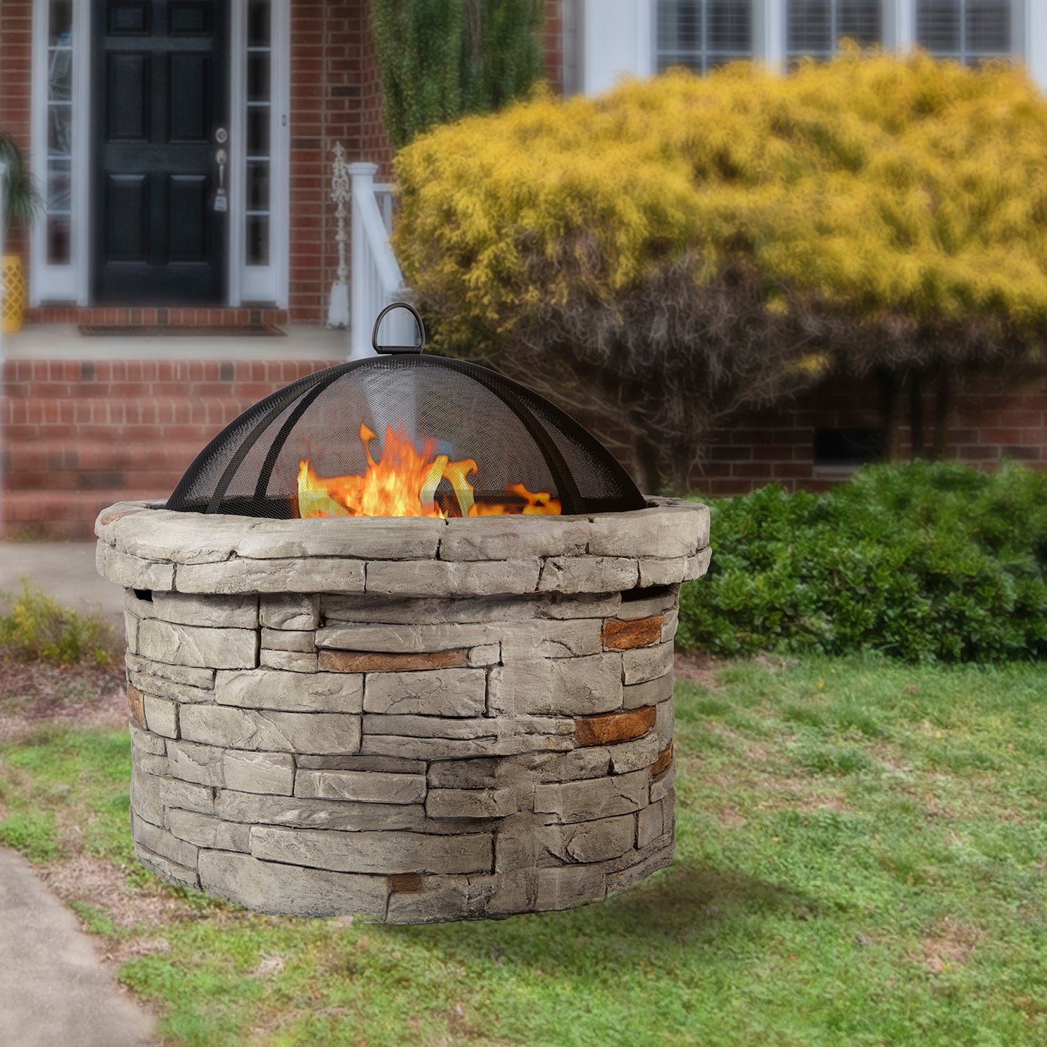 27 in. Round x 20 in. High Stone Propane Fire Pit Table with Barbecue Rack