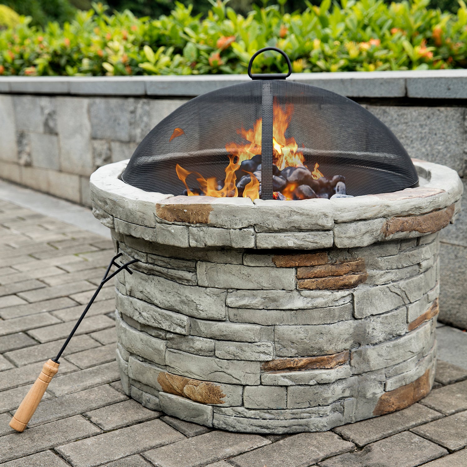 27 in. Round x 20 in. High Stone Propane Fire Pit Table with Barbecue Rack