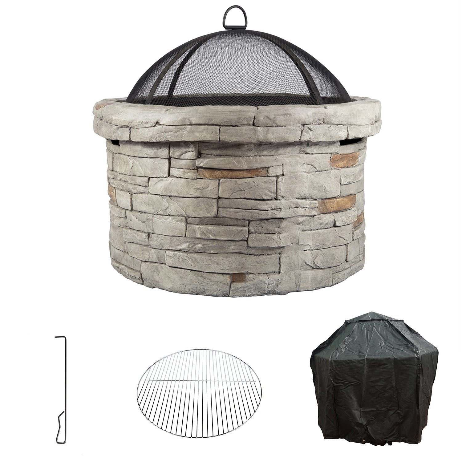 27 in. Round x 20 in. High Stone Propane Fire Pit Table with Barbecue Rack