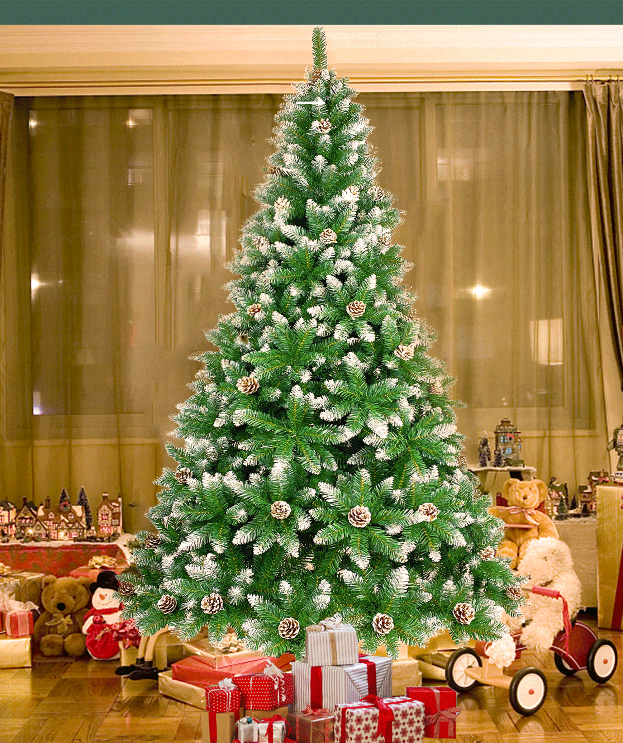 SUGIFT 7FT Hinged Artificial Fir Christmas Tree with Pine Cones, Spraying White, 1,200 Tips