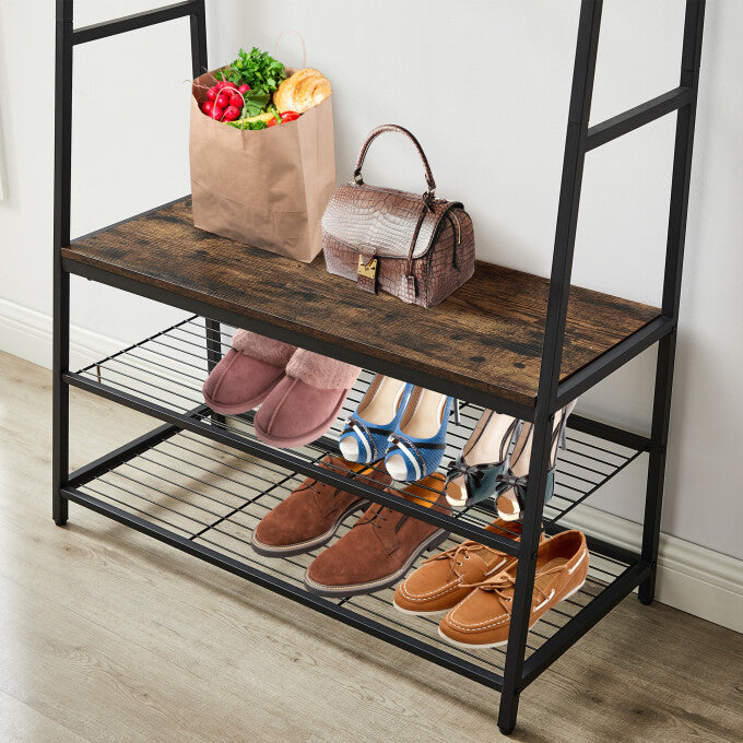 SUGIFT Entryway Shoe Rack with Multiple Coat Hooks-Brown