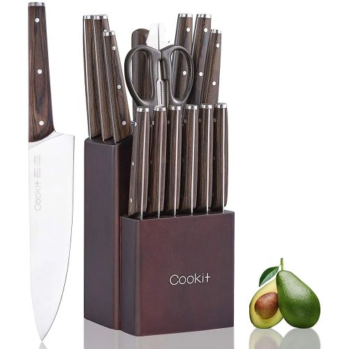 SUGIFT Kitchen Knife Sets, Cookit 15 Piece Knife Sets with Block for Kitchen Chef Knife Stainless Steel Knives Set Serrated Steak Knives with Manual Sharpener Knife