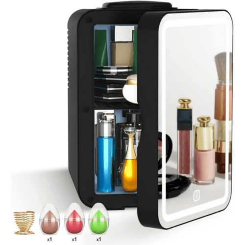 SUGIFT Mini Fridge 6L Portable Beauty Makeup Skincare Fridge Cosmetic LED Mirror Refrigerator with 3pcs Makeup Sponge