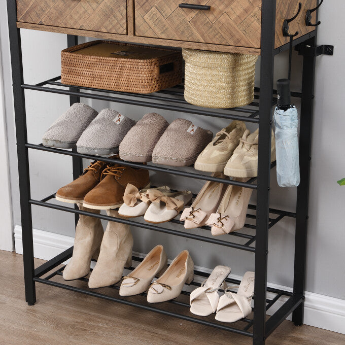 SUGIFT Entryway 4-tier Shoe Rack with Coat Rack and Hooks-Brown