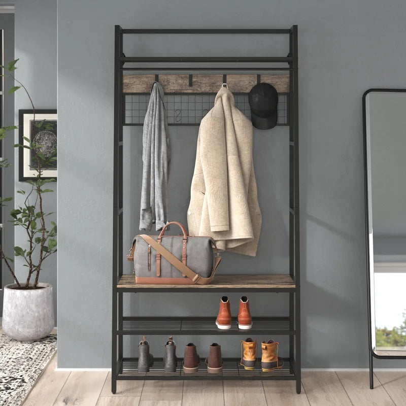 SUGIFT Entryway Shoe Rack with Multiple Coat Hooks-Grey