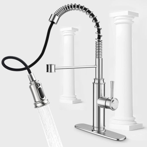 SUGIFT Kitchen Faucet - Spring Kitchen Sink Faucet with 3 Modes Pull Down Sprayer, Single Handle&Deck Plate for 1or3 Holes, 360¡ã Rotation, Spot Resist Stainless Steel No Lead for RV Bar Home