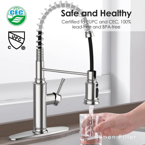 SUGIFT Kitchen Faucet - Spring Kitchen Sink Faucet with 3 Modes Pull Down Sprayer, Single Handle&Deck Plate for 1or3 Holes, 360¡ã Rotation, Spot Resist Stainless Steel No Lead for RV Bar Home