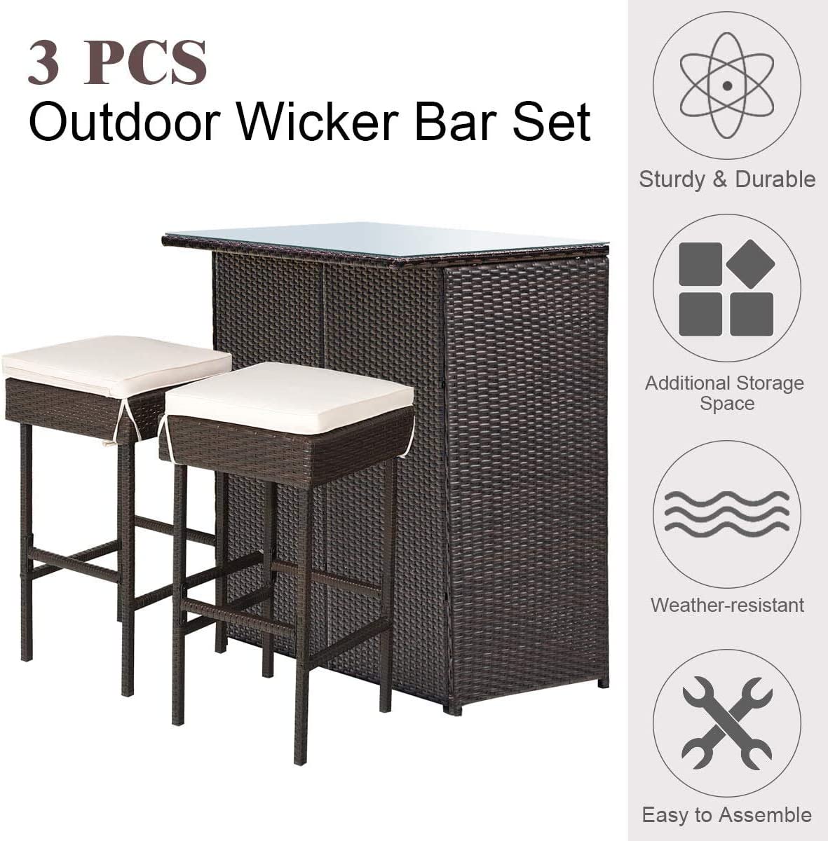 Wicker Outdoor Bar Patio Table with White Cushioned Stools (3-Pieces)