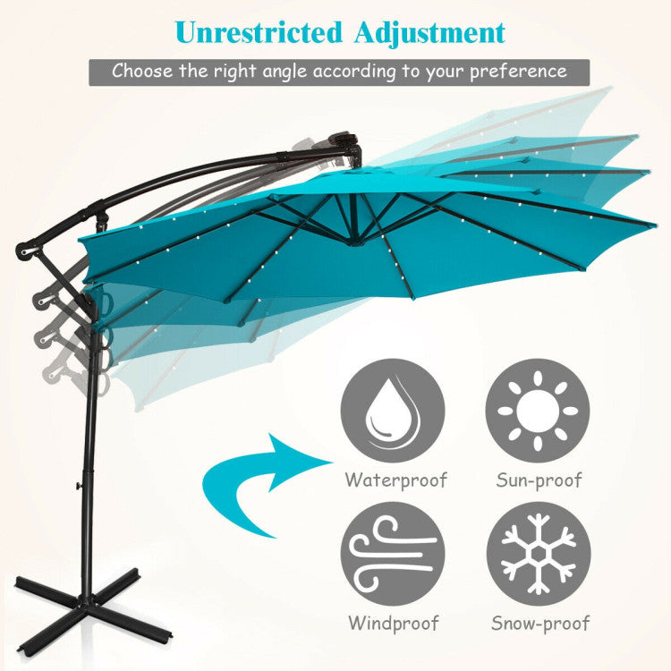 10 ft. 360-Degrees Rotation Aluminum Tilt Cantilever Patio Umbrella with LED Lights and Cross Base in Turquoise