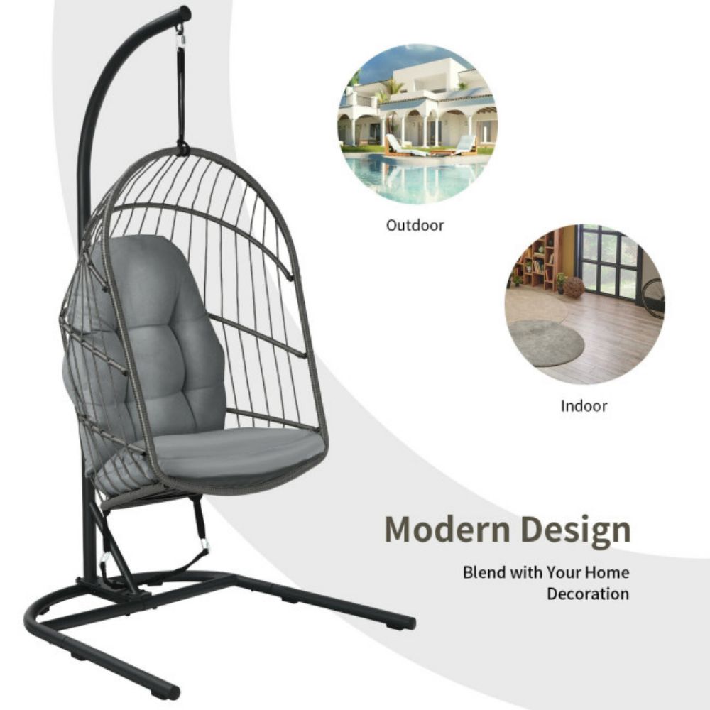 Wicker Hanging Patio Swing Egg Chair with Stand and Cushion