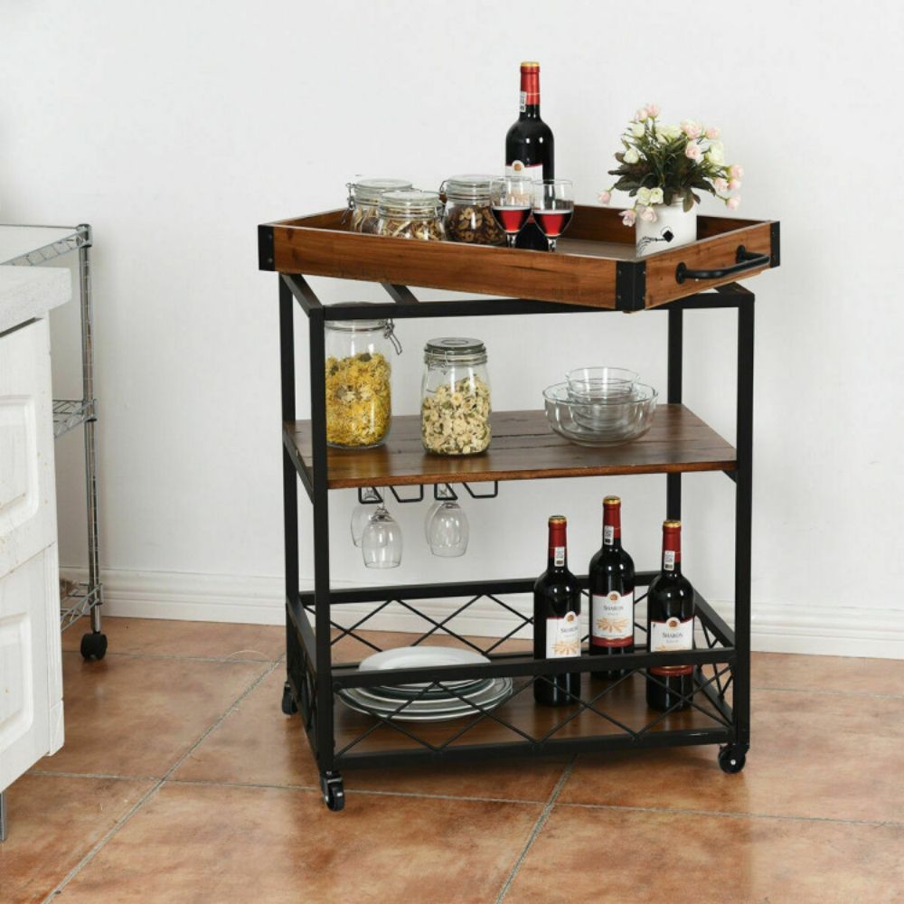 3-Tier Metal Brown Small Rolling Kitchen Cart Bar Serving Cart with Utility Shelf and Handle Racks