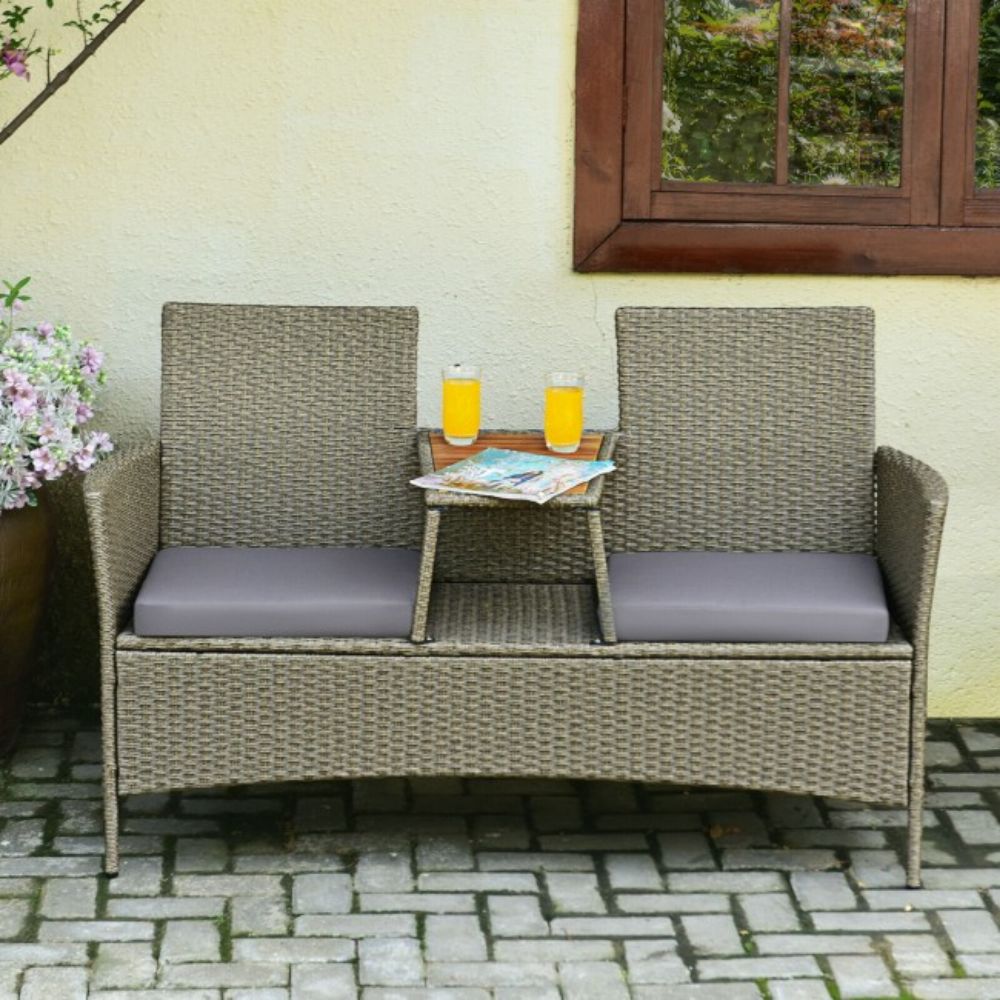 1-Piece Patio Rattan Wicker Conversation Furniture Set with Coffee Table and Purple Cushions