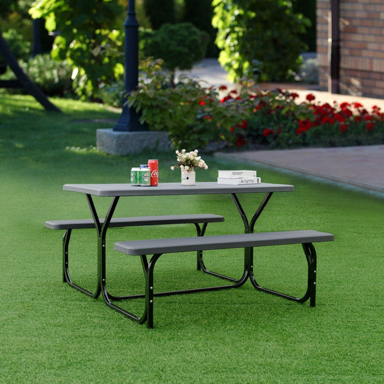 SUGIFT HDPE Outdoor Picnic Table Bench Set with Metal Base Black