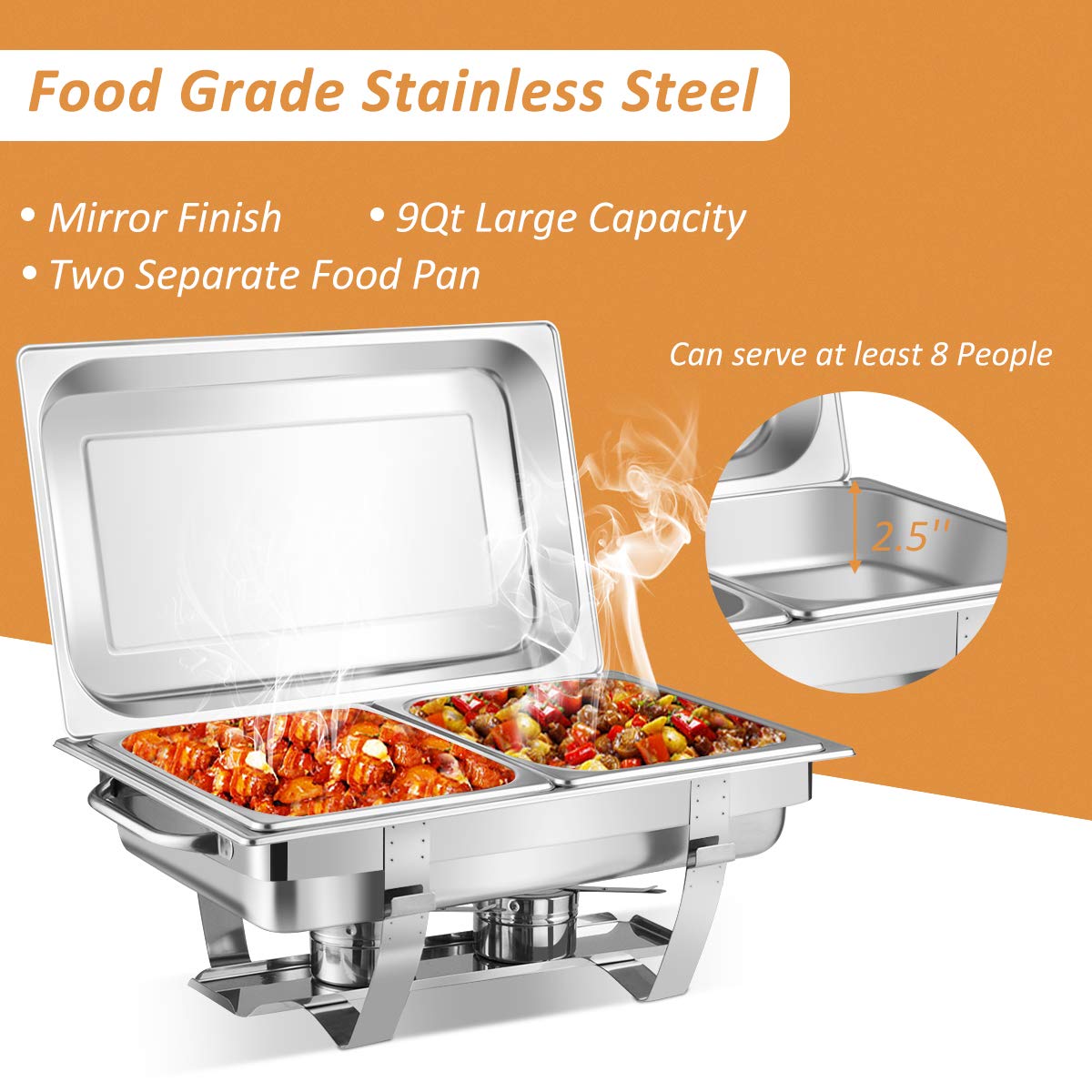 9 qt. Silver Stainless Steel Chafing Dish Chafer Buffet for Party and Wedding (2-Piece)