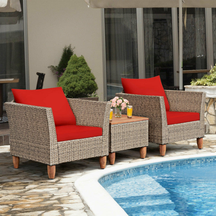 3-Piece Wicker Patio Conversation Set Sofa with Table and Red Cushion