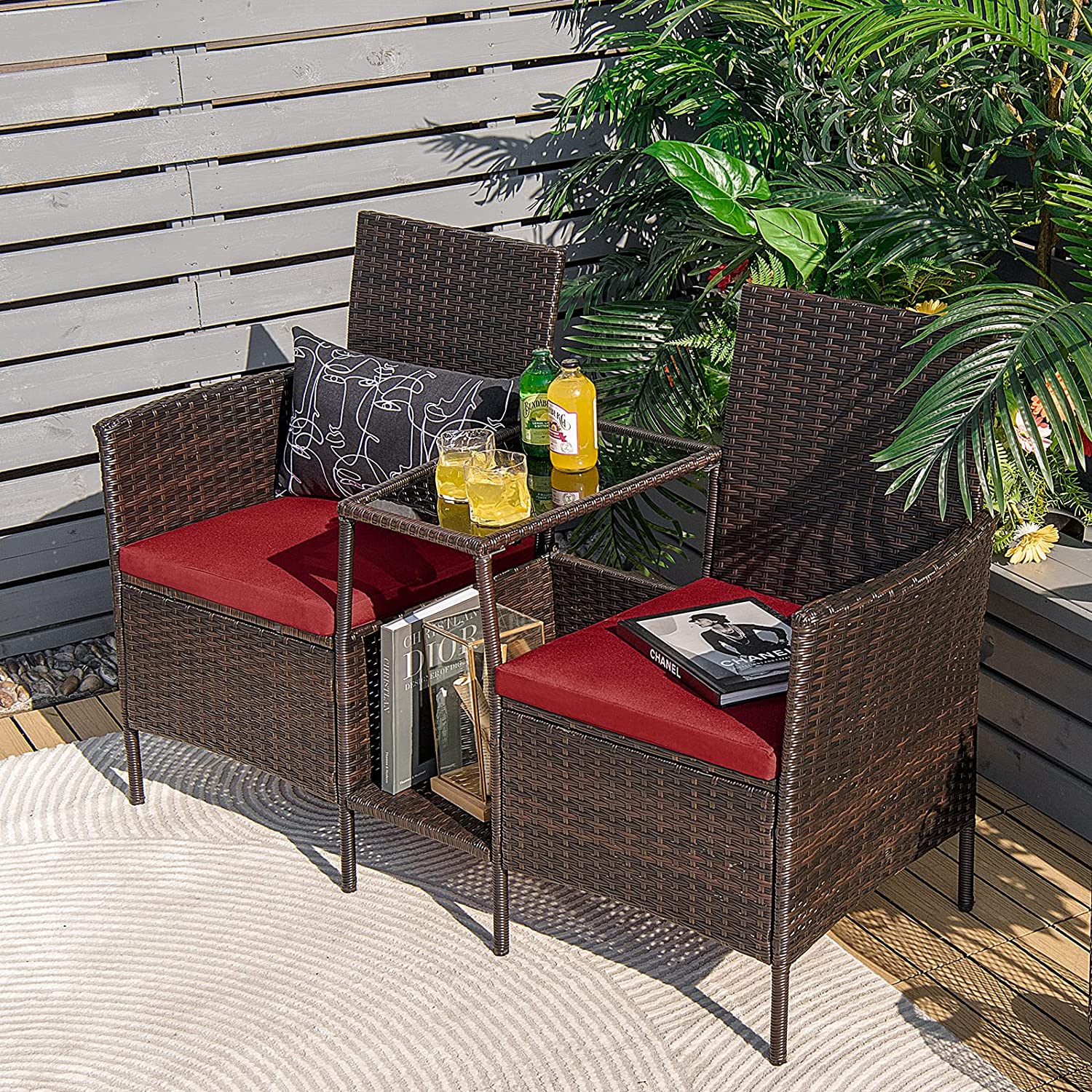 1-Piece Rattan Wicker Patio Conversation Loveseat Set with Red Cushions and Glass Table